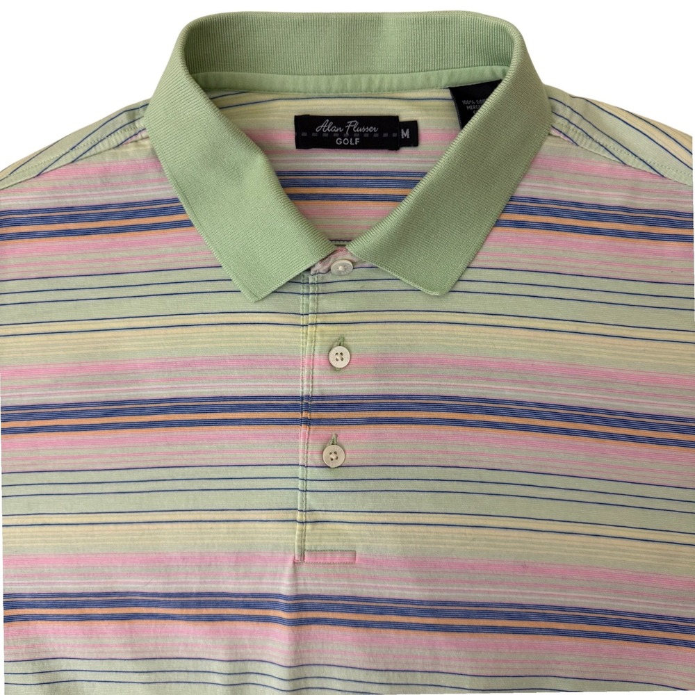 Alan Flusser Golf Polo Shirt Mens Medium Green Multi Stripe Mercerized Cotton